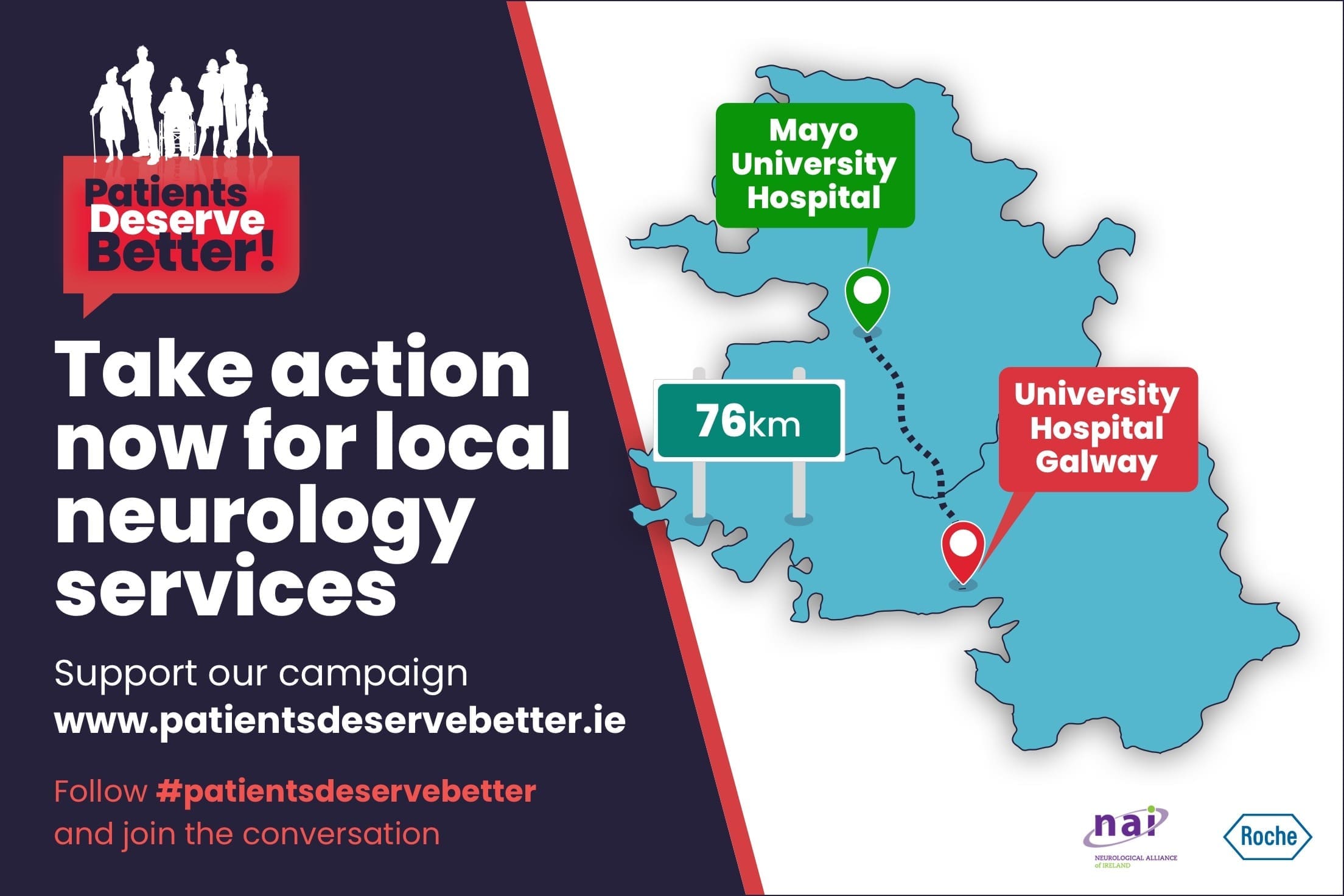 mayo map flyer Patients Deserve Better neurology services campaign for 5 regional hospitals throughout Ireland,