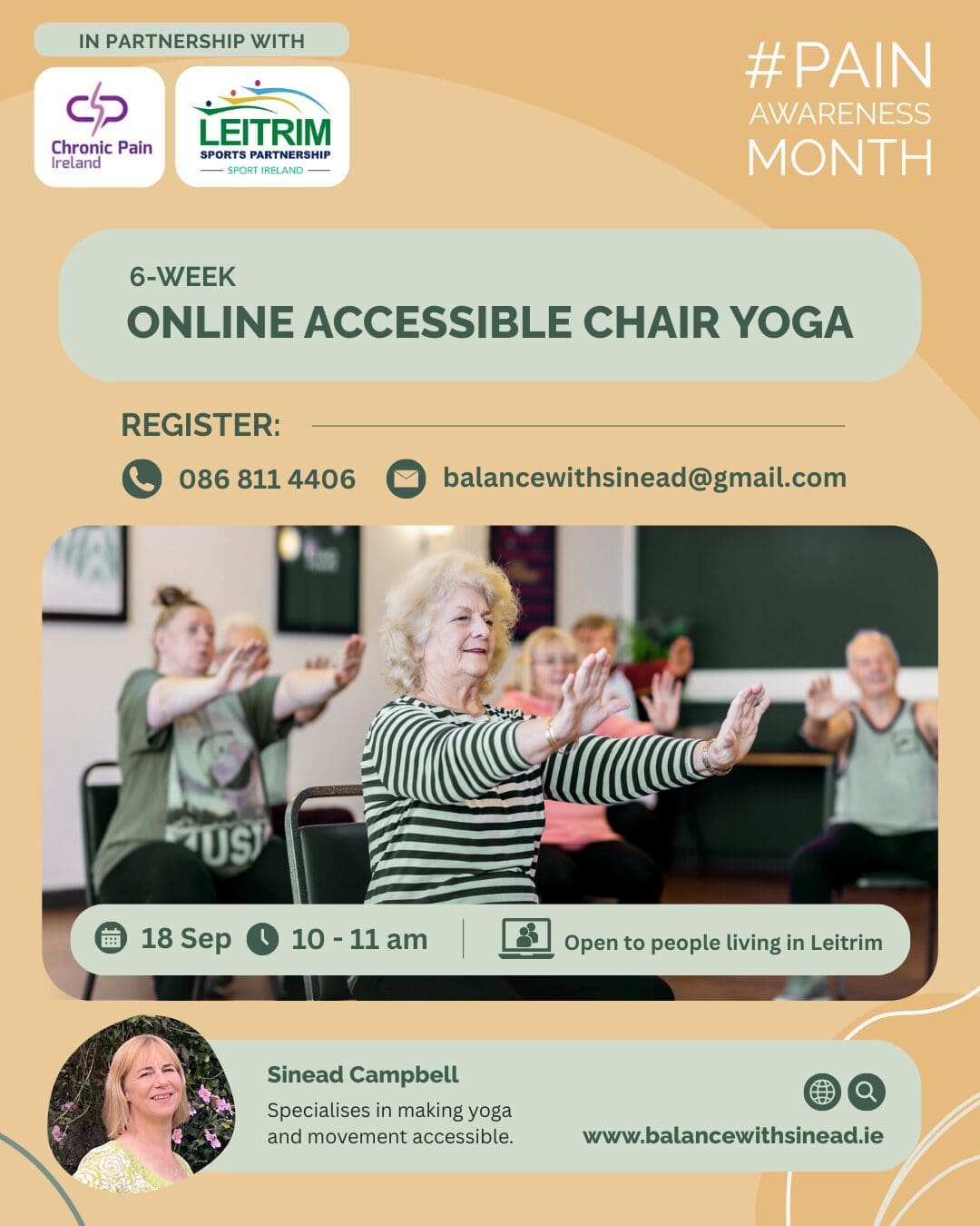 Accessible Chair Yoga Online Course for chronic pain in Leitrim